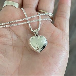 Sterling Silver Large Etched Puff Heart Necklace, Silver Chain, Love Jewelry